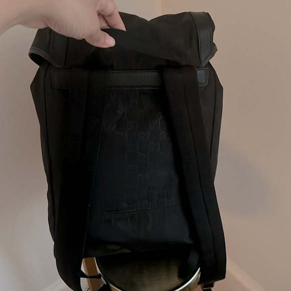 Gucci Authentic Blk GG Monogram Nylon Drawstring Backpack Leather Trim 510336 - Picture 10 of 16